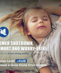 Child sleeping soundly with timer shutdown and quiet environment text, emphasizing peaceful sleep and noise reduction features.
