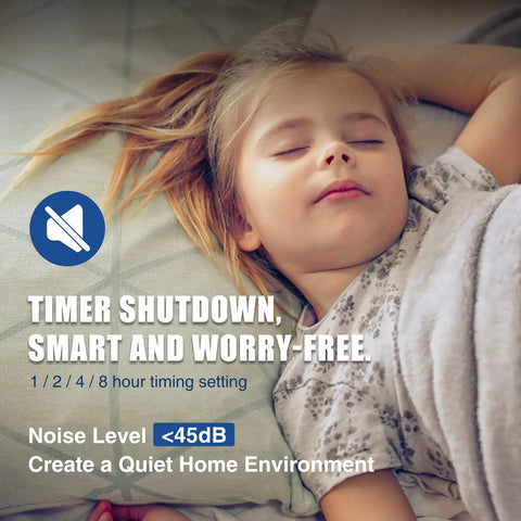 Child sleeping soundly with timer shutdown and quiet environment text, emphasizing peaceful sleep and noise reduction features.