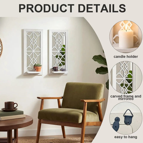 Solid Wood Farmhouse Candle Sconces Set Of Two Wall Mount Holders With Mirrored Backdrop in home decor with plants.