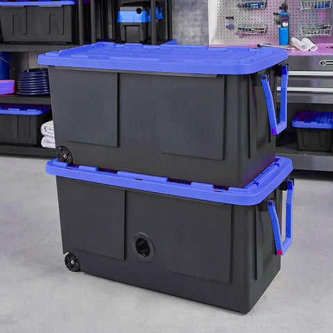 Pack Of 50 Tough Plastic Grommets For Wiring One Half Inch Holes Black Snap Bushing With One Half Inch Mounting Diameter For Cables Up To Three Eighths Inch And Smaller, Cable Protection And Easy Snap Fit. Black plastic storage bins with blue lids and handles
