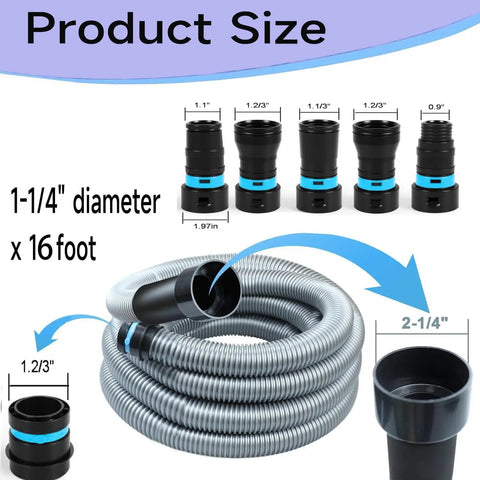 16 Foot Universal Dust Collection Hose For Home And Shop Vacuum Systems with 6 adapters shown coiled for woodworking use