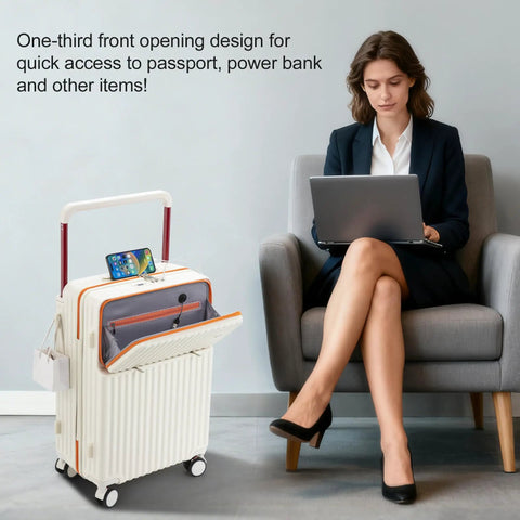 Woman using laptop next to 20 Inch Carry On Luggage With Dope Spinner Wheels And USB Port, front compartment open, white hard shell.
