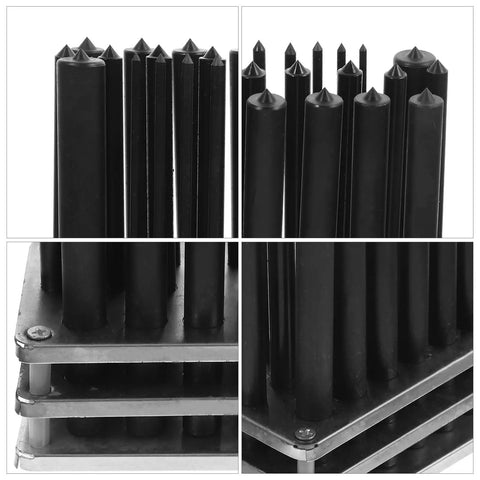 Pro Grade 28 Piece Cylindrical Punch Set With Positioning Base arranged in a metalholder, close-up view.