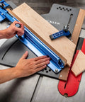 Person using Table Saw Crosscut Sled With Telescoping Fence And Micro-Adjust Flip Stop For Beefy 90-Degree And 45-Degree Cuts