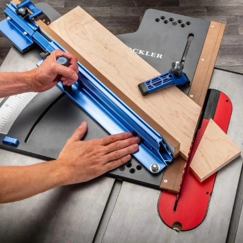 Person using Table Saw Crosscut Sled With Telescoping Fence And Micro-Adjust Flip Stop For Beefy 90-Degree And 45-Degree Cuts