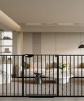 Triple Lock Baby Gate, Extra Wide 44.5 To 48 Inch, Pressure Mounted Walk-Through Swing Auto-Close Safety Gate in a modern living room