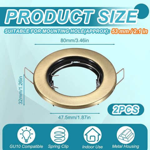 VIAPUICE GU10 Recessed Lighting Trims 2.1" Aperture with Spring Clip 2 Pcs | Bronze metal housing with dimensions and details.