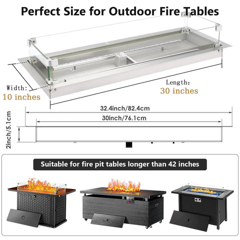 30 Inch By 10 Inch Drop In Fire Pit Kit With Premium Stainless Steel Trough And Tempered Glass Wind Guard Built In Outdoor Table Flame Feature For Patio Backyard And Entertaining
