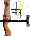 Close-up of Bow Square Kit 2 Pack With Easy Setup Bow Level And T Shape Ruler on wooden recurve bow for precise alignment.