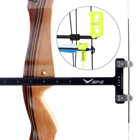 Close-up of Bow Square Kit 2 Pack With Easy Setup Bow Level And T Shape Ruler on wooden recurve bow for precise alignment.