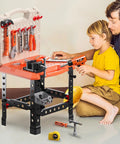 Two In One Kids Tool Workbench Set With Realistic Drill And 91 Piece Tool Accessories in use by child and adult indoors