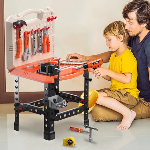 Two In One Kids Tool Workbench Set With Realistic Drill And 91 Piece Tool Accessories in use by child and adult indoors