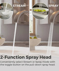 Pfister Vaneri Kitchen Faucet with Pull Down Sprayer, Stainless Steel showing stream and spray modes in action.