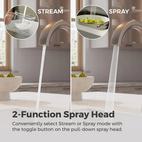 Pfister Vaneri Kitchen Faucet with Pull Down Sprayer, Stainless Steel showing stream and spray modes in action.
