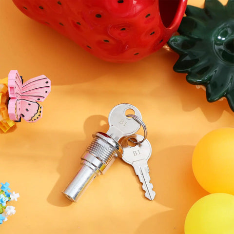 Thinking Process: silver metal flat lock and two keys for gumball candy machine, close-up