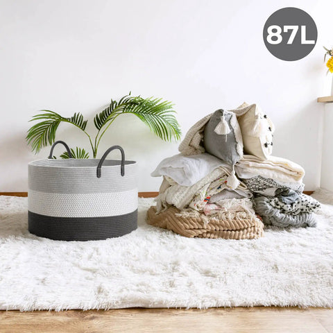 XXL Woven Rope Storage Basket With Handles In Grey Extra Large Organizer For Nursery And Kids Room Perfect For Toys Blankets Pillows Towels And General Storage 21.7 By 13.8 Inches