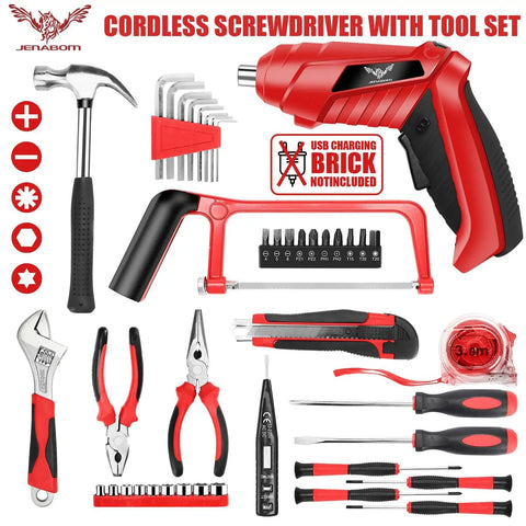Everyday Home Tool Kit With 3.6V USB Electric Screwdriver, 43 Piece Cordless Drill Driver Set including hammer, pliers, tape measure.