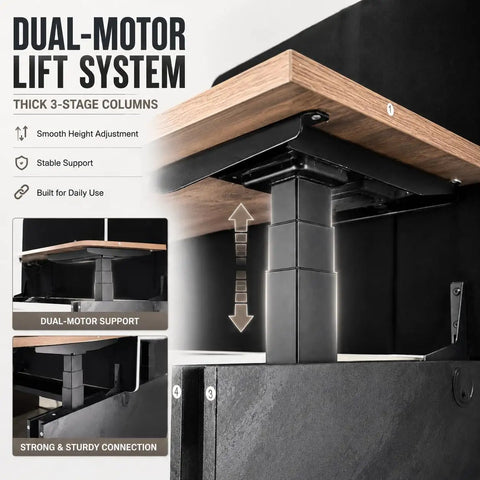 Built Slick Electric Double Standing Desk With Independent Dual Motors And Easy Usb Connections showing dual-motor lift system and support columns.