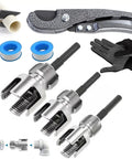 Heavy Duty 4 In 1 Pipe Tapping And Threading Tool For PVC Water Lines with steel threaders, pipe cutter, and accessories.