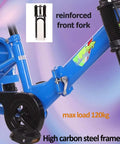 Close-up of Foldable Three Wheel Tricycle With Rear Cabin For Passengers showing reinforced front fork and carbon steel frame.