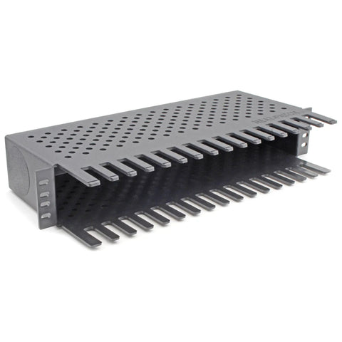 Effortless Patch Cable Management Unit For Clean Rack Setups With No Fuss Design, Eliminates Surges And Grounding Issues Using A Non Conductive One Piece Molded Construction, Replaces Plastic Ducts Or D Rings, 48 Port Cycles For Balanced Patching black one-piece organizer in side view