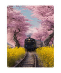 Vintage Steam Train Tin Plaque Sign 12X16 Inch with cherry blossom tunnel and yellow wildflowers, metal wall decor.