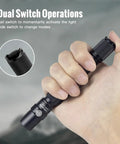 Hand holding AA USB C Rechargeable Flashlight, 1018 Lumens Cool White Beam, 167 Meter Throw, Dual Switch, IPX8 Waterproof