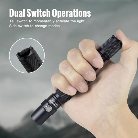 Hand holding AA USB C Rechargeable Flashlight, 1018 Lumens Cool White Beam, 167 Meter Throw, Dual Switch, IPX8 Waterproof