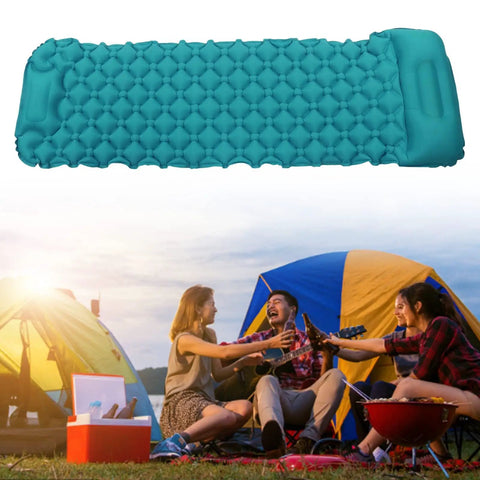 Inflatable Sleeping Pad For Camping And Backpacking With Built In Pump Peacock Blue mat above campers by tents