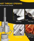 Kick Butt On Your Plumbing Projects With This Awesome 2 Piece Pipe Threading Tool Set Featuring Integrated Internal And External Threads For 1/2 Inch And 3/4 Inch Pipes Perfectly Compatible With Electric Drills For Quick And Easy Diy Home Repair Or. Image shows versatile threading options for various pipe materials.