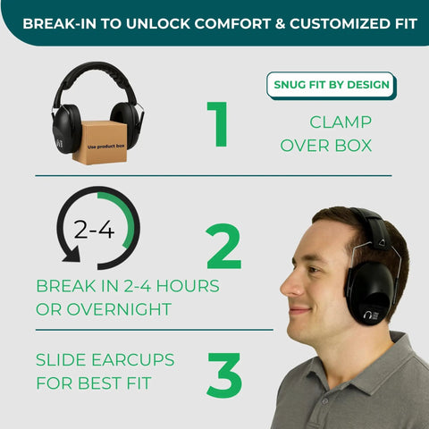 Instructions for breaking in 34 dB NRR Hearing Protection Ear Muffs For Loud Events And Sensory Use Ultra Slim And Lightweight Design Grey