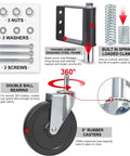 Gate Wheels For Wooden And Metal Gates With Hidden Spring Load Quiet Smooth Movement Beefy Heavy Duty 250 Lbs Capacity 5 Inch Gate Caster Rollers 2 Pack Black For Outdoor Fence Farm Gates And Swing Doors, showing components and features diagram, including built-in spring loaded clamp and double ball bearing.