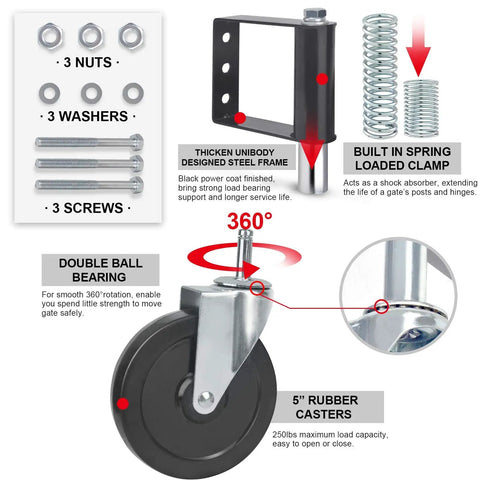 Gate Wheels For Wooden And Metal Gates With Hidden Spring Load Quiet Smooth Movement Beefy Heavy Duty 250 Lbs Capacity 5 Inch Gate Caster Rollers 2 Pack Black For Outdoor Fence Farm Gates And Swing Doors, showing components and features diagram, including built-in spring loaded clamp and double ball bearing.