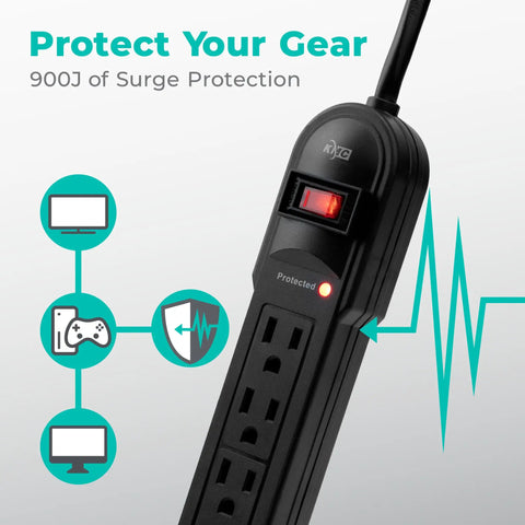 Two Pack Six Outlet Surge Protector Power Strips With Four Foot Cord 900 Joules Overload Protection Lighted Switch Black