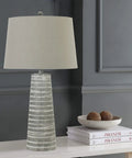 Cozy Grey Resin Table Lamp With 28 Inch Height Easy On Off Switch And Linen Decorator Shade In Soft Grey For Modern Home Lighting