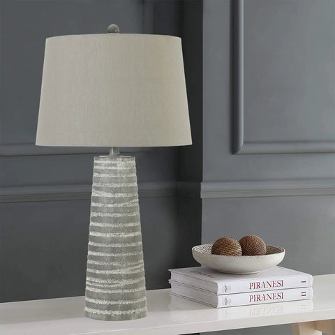 Cozy Grey Resin Table Lamp With 28 Inch Height Easy On Off Switch And Linen Decorator Shade In Soft Grey For Modern Home Lighting