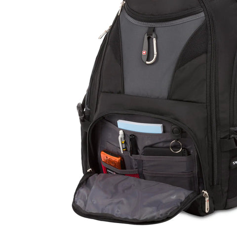 Front compartment of ScanSmart TSA Laptop Backpack Fits 17 Inch Laptop With RFID Protection And Tablet Pocket, organized pockets visible.