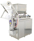 Zero Hassle Automatic Filling And Packaging Sealer With Horizontal Mixing Hopper 30 To 300 ML Stainless Steel Liquids Pastes Machine for sauces oils and vinegars, showcasing the stainless steel hopper and packaging mechanism.