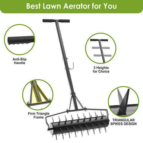 Diagram of 18 Inch Rolling Lawn Aerator with heavy duty spikes, adjustable handles, anti-slip handle, firm triangle frame, triangular spikes.