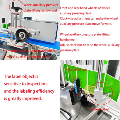 High Capacity Automatic Labeling Machine For Round Bottles with touchscreen controls and auxiliary pressure wheel for adjustments.