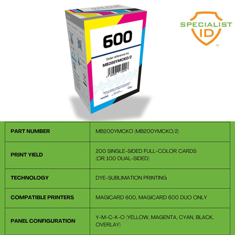 Two Pack Ymcko Color Ribbon For Id Badge Printers Delivering Two Hundred Full Color Prints Alongside Twenty Pvc Cards packaging and specifications.