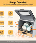 Heavy Duty Compact Countertop Dishwasher Boasting 3 In 1 Wash Cycles Plus 24 Hour Digital Timer Capability For 12 To 20 Dirty Dishes Effortlessly showing dishes, cups, and utensils inside.