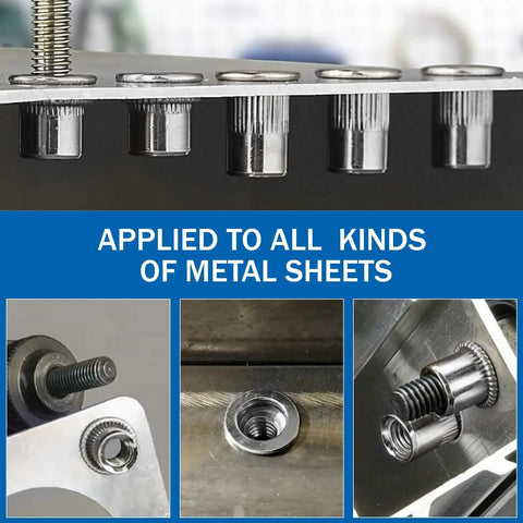 Built Tough 304 Stainless Steel Rivnuts 5/16 Flat Head Knurled Nutserts installed in various metal sheets, showcasing versatility.