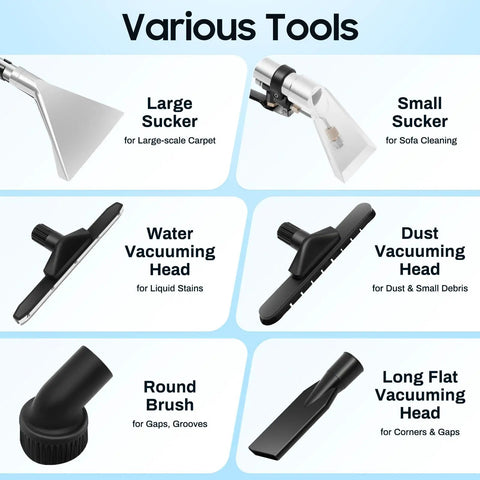 Various tools for Badass Commercial Carpet Cleaner 60L 3 In 1 Industrial Steam Vacuum including large and small suckers.