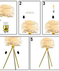 Assembly steps for 2 Pack White Feather Table Lamps With Metal Body And Gold Finish Tripod, Cool Nightstand Lights for various rooms.