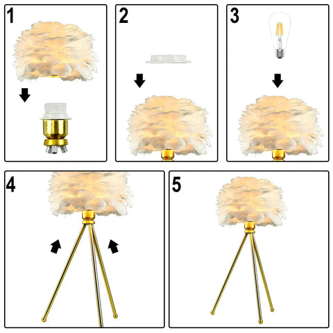 Assembly steps for 2 Pack White Feather Table Lamps With Metal Body And Gold Finish Tripod, Cool Nightstand Lights for various rooms.