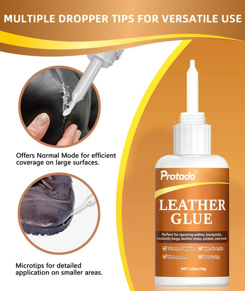 Heavy Duty Leather Glue For Shoes, Bags, Sofas, Belts And More, bottle with dropper tips for versatile use.