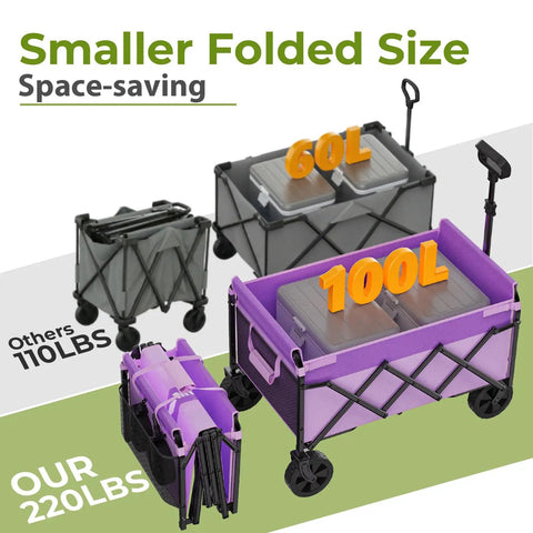 Purple Collapsible Wagon Cart With Wheels Heavy Duty Folding Utility Cart 220 Lb Capacity Portable Grocery Cart compared to others