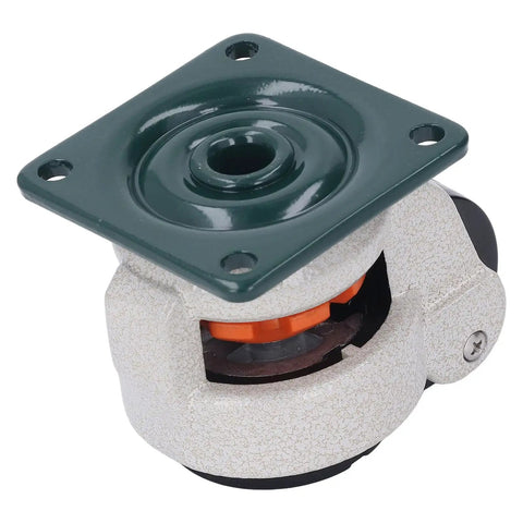 Heavy Duty 2200 Lbs Retractable Caster Wheels With 360 Degree Swivel And Custom Height Adjustability For Workbenches Furniture And Lab Gear close-up of caster with green plate and orange detailing.