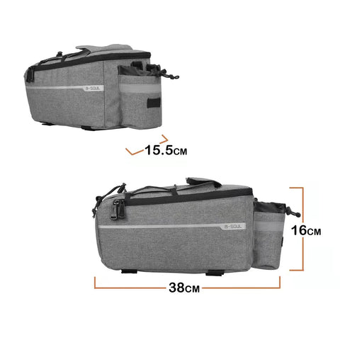 Waterproof Insulated Bike Rack Bag With 8 Liter Capacity For Bicycle Trunk Storage, showing gray material and dimensions.